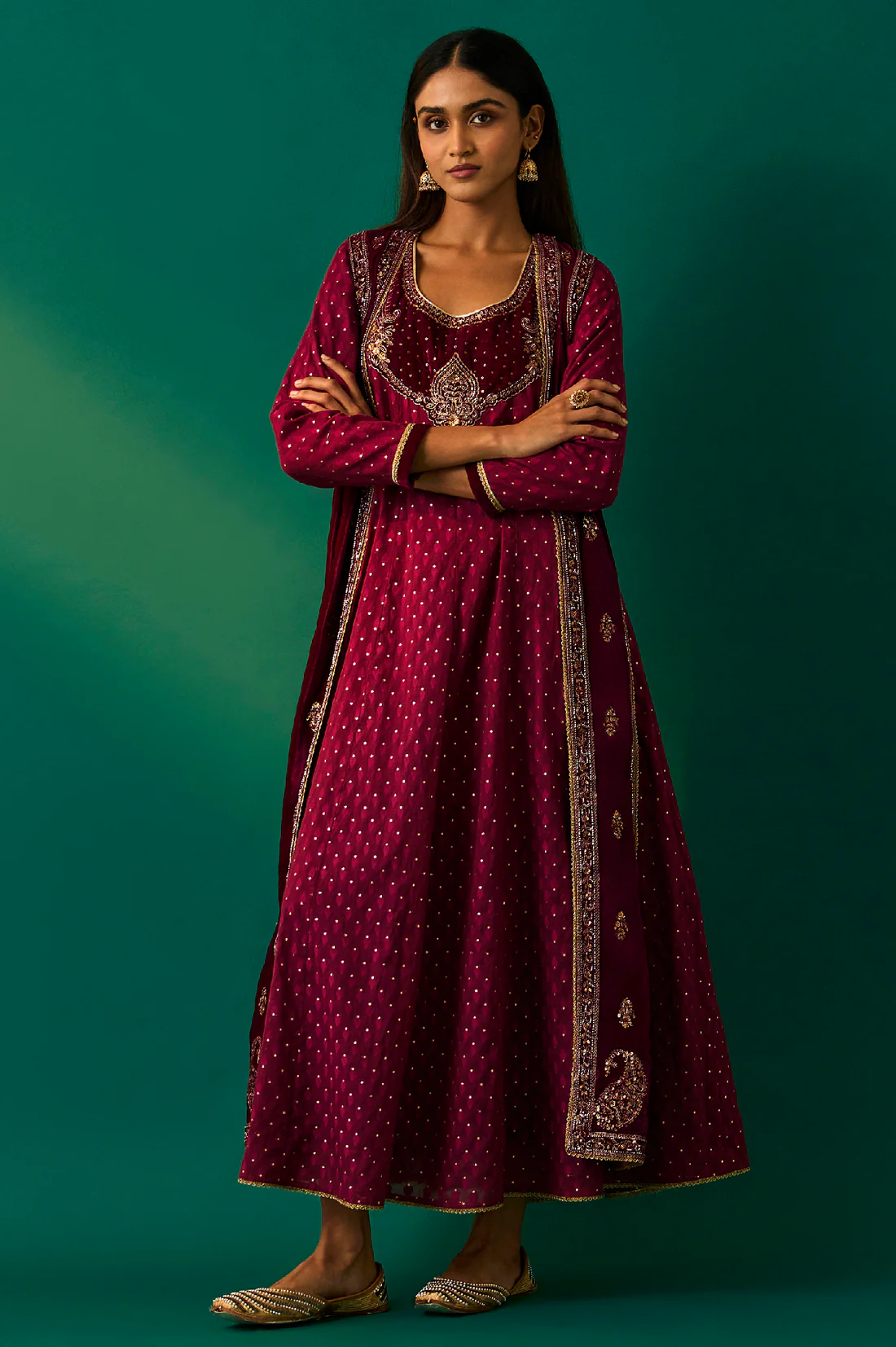 Maroon Embroidered Anarkali Georgette Gilet